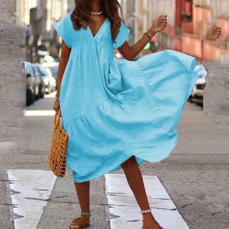 

Casual Dresses For Women 2023 Summer V Neck Short Sleeve Soild Colour Chiffon Irregular Hem Mid-calf Dress Vestidos Para Mujer, Sky blue