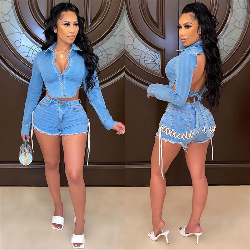 

Women's Two Piece Pants Sexy Denim Two Piece Short Set for Women Irregular Backless Jacket Top and Lace-up Shorts Sets Club Wear Party Jeans Outfits 230419, Blue