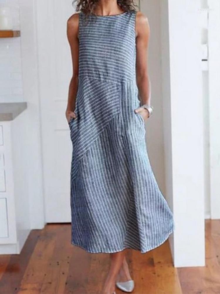 

Casual Dresses Korean Fashion Woman Striped Print Long Dress Female Sexy Sleeveless O Neck Linen Pocket Summer Sundress, Green