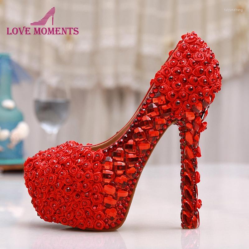 

Dress Shoes Red Rose Flower Wedding Platforms Rhinestone High Heel Bride White Crystal Women Party Prom Pumps, White 14cm heels