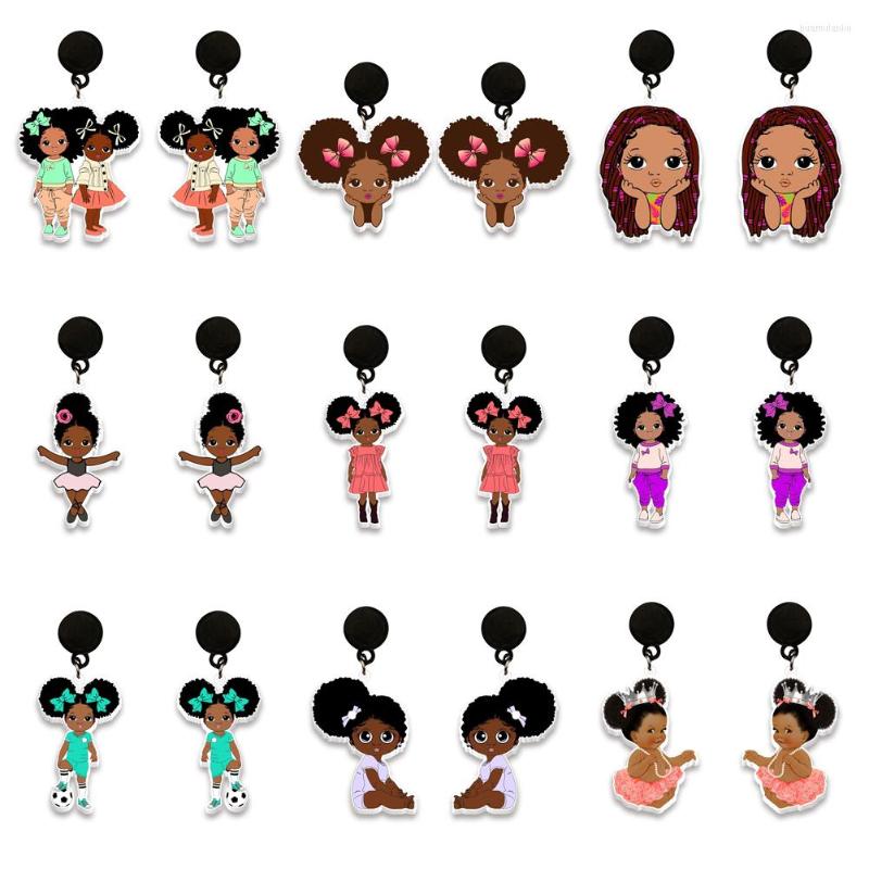 

Stud Earrings African Black Girl Anime Acrylic Pendant Round Print Pattern Cartoon Character