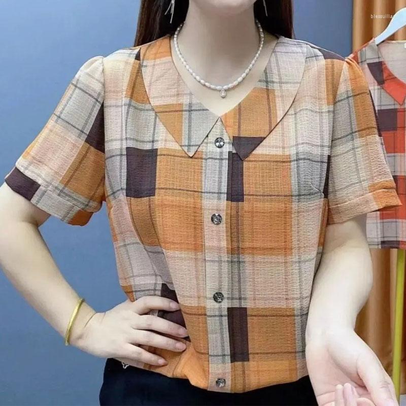 

Women's T Shirts Stylish Casual Plaid Print Single-breasted Tops Women's Clothing Summer Commute Turn-down Collar All-match Short Sleeve, Red