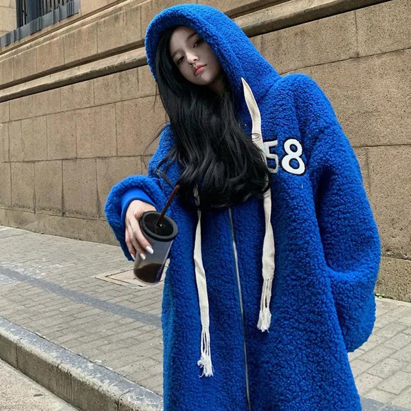 

Fur Blue Long Women Coat 2022 Faux Wool Soft Keep Warm Winter women's jacket Simple Embroidered Zip Hoodie Fluffy Streetwear trend, Brown