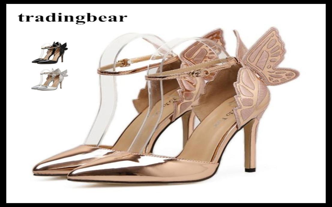 

Dreamy Butterfly Ankle Strap Pointy Pumps Super Sexy High Heels Wedding Shoes Silver Champagne Black Size 35 to 406851953