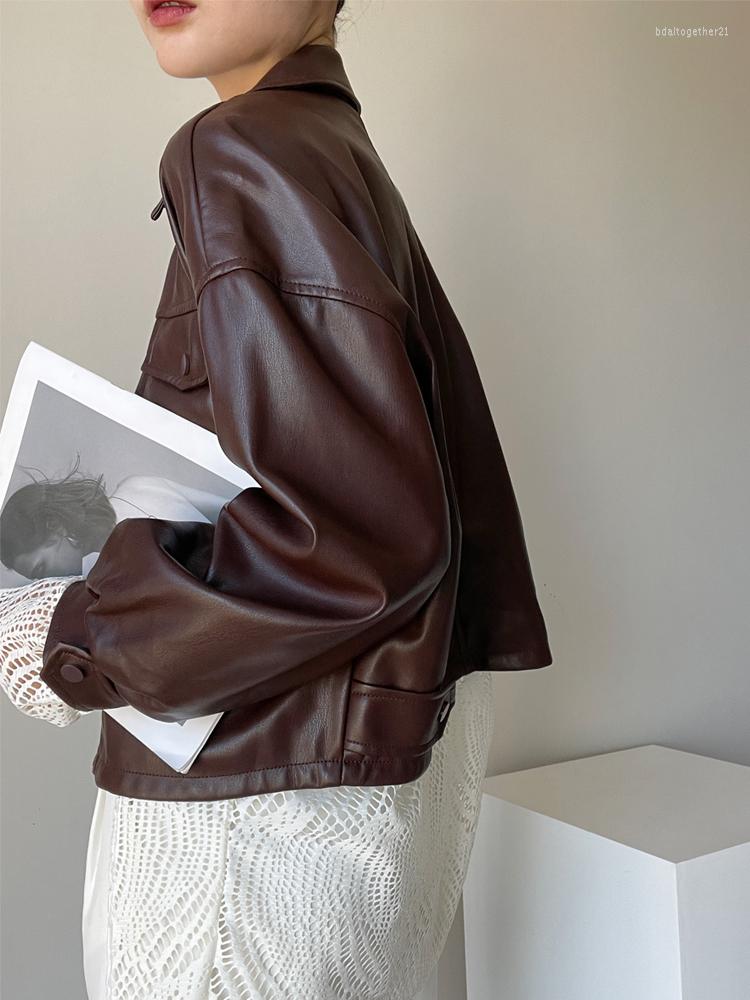 

Women' Leather Coat Short Style 2023 Autumn And Winter Jacket Lapel Loose Foreign Fashion Advanced Motorcycle, Green