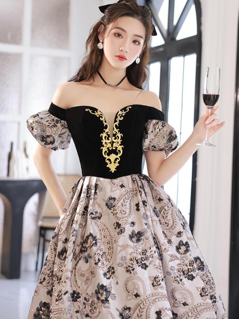

Runway Dresses Vintage Celebrity Dress Print Off Shoulder Jacquard Applique Lace Up Splice A-line Detachable Sleeve Formal Party Evening, Picture color