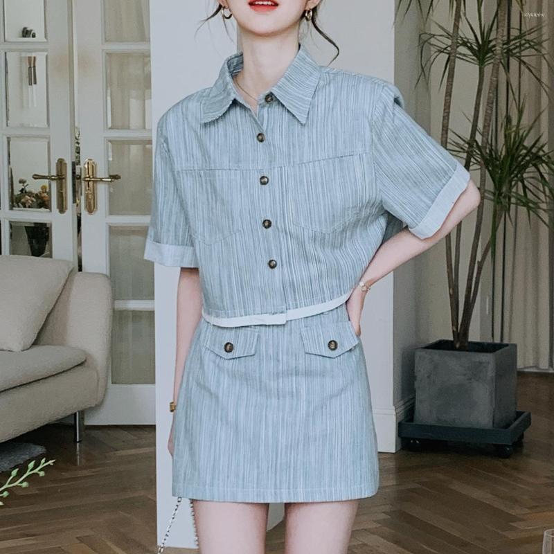 

Two Piece Dress Vintage Summer Skirt Set Women Solid Elegant Casual Mini Suit Female Korean Style Short Sleeve Crop Top Coats, Light blue