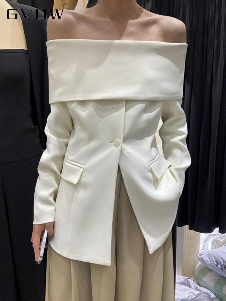 

Pants GVUW Black Off The Shoulder Design Midi Blazer Women Long Sleeve Suit Jackets 2022 Antumn New Fashion Tide Clothes 20A3321, Apricot