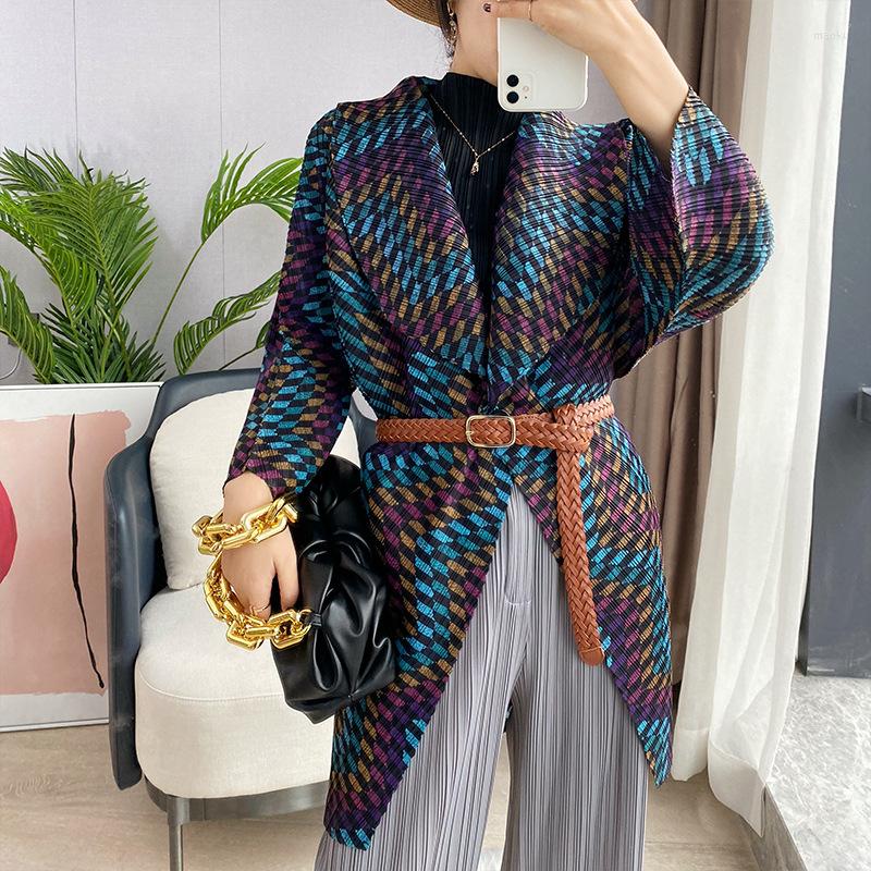 

Women's Trench Coats 2023autumn Polka Dot Printed Cardigan Miyak Fold Fashion Loose Large Size Windbreaker Stand-collar, Green