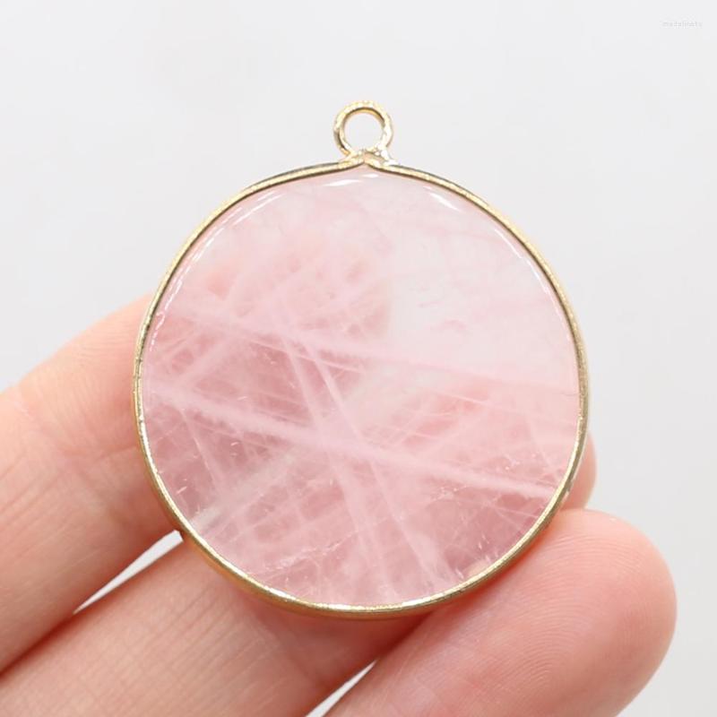 

Pendant Necklaces Natural Stone Gem Round Disc Rose Quartz Handmade Crafts DIY Necklace Bracelet Earrings Accessories For Women 31x36mm