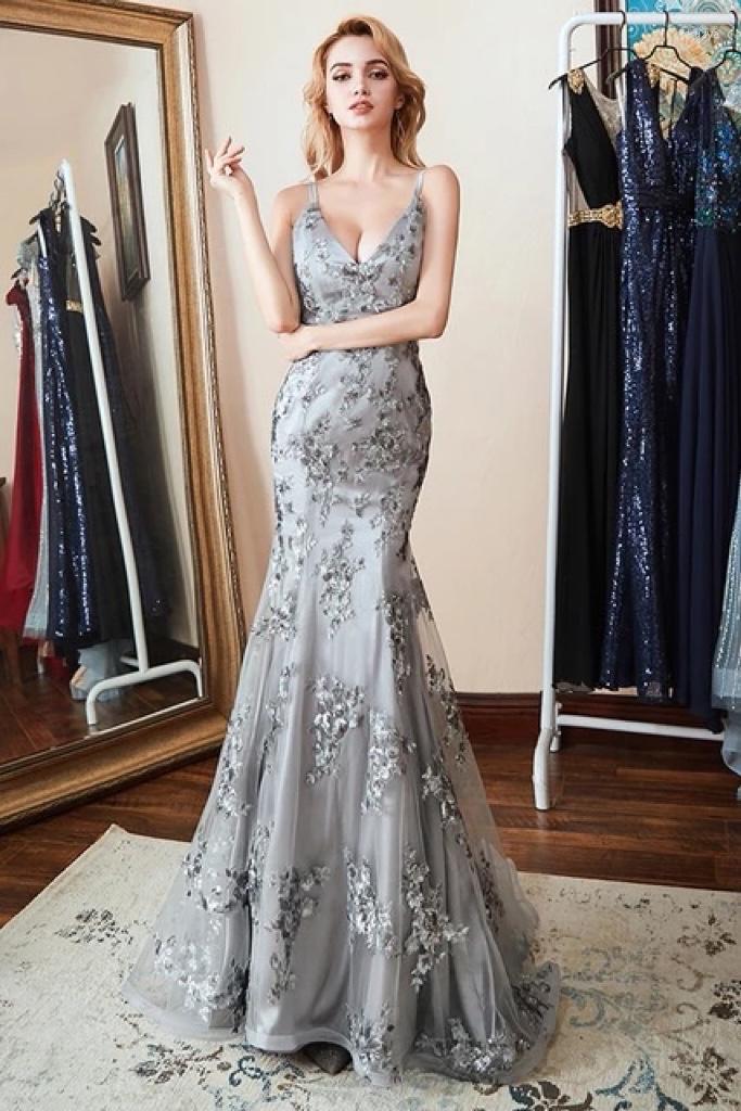 

Runway Dresses Sexy Mermaid Celebrity Dress Silver Gray Spaghetti Strap Applique V-Neck Customize High-end Women Evening Party Gowns 2023, Multi