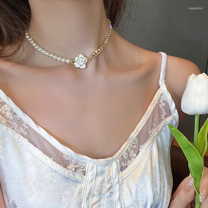 

Choker LW Fashion Korean Style Crystal Flower Pearl Necklace For Women Girls Exquistie Pendant Chains Elegant Collar Necklaces