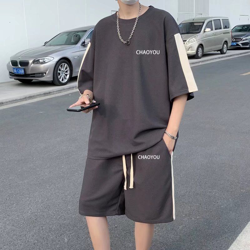 

Mens Tracksuits Summer Short Sleeve Fashion Casual Mens Clothing Oversized Solid Color Letter Printed Loose Trend Sports Sets Two Pieces 230419, Black