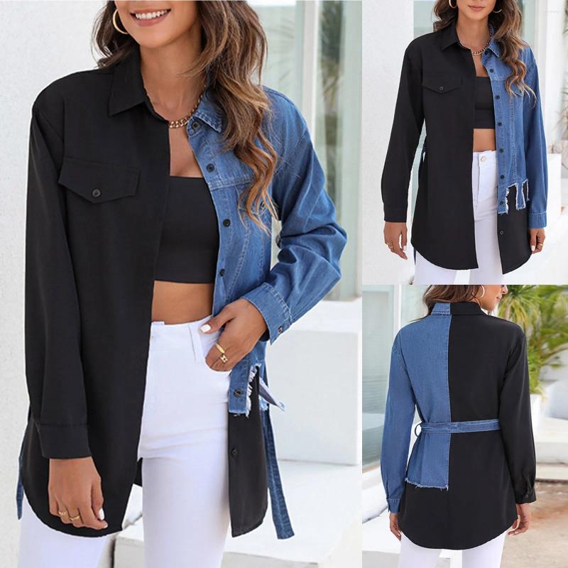 

Women' Blouses 2023 Fashion Women Color Stitching Long Sleeve Tops Soft Jean Denim Shirt Blouse Jackets Femenino Camisas, Blue
