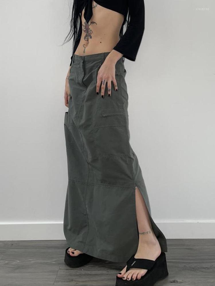 

Skirts 2023 Pocket Low Rise Long Skirt Harajuku Straight Split Hem Cargo Maxi Women Vintage Streetwear Bottoms Solid Outfits, Gray