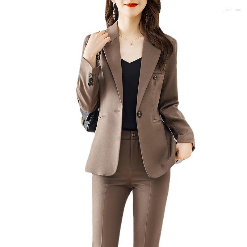 

Women's Two Piece Pants Coffee Suits Women Autumn Temperament High End Professional Long Sleeve Slim Blazer And Office Ladies Work Wear Blue