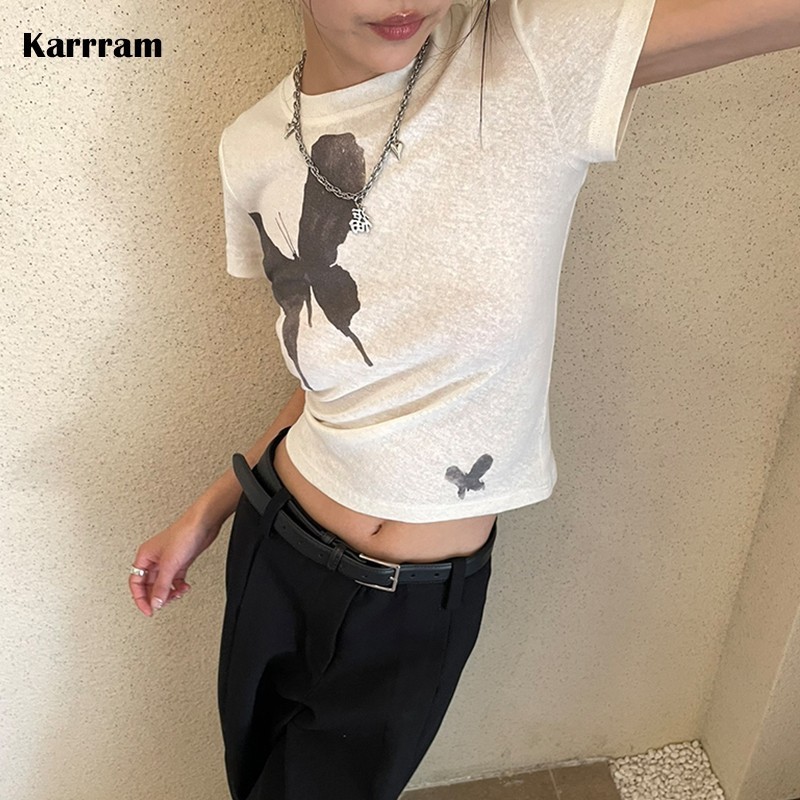 

Women's T-Shirt Karrram Grunge Print T-shirts Vintage Gothic Short Sleeve Tshirt Korean Fashion Fairycore Tops Harajuku Japanese 90s 230419, Beige