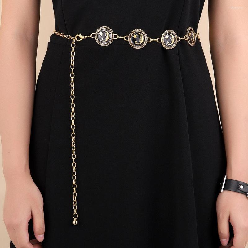 

Belts Women Waist Chain Belt For Dress Skirt With Moon Star Body Waistbands Luxury Fashion Ladies Cloth Accessories, Gold