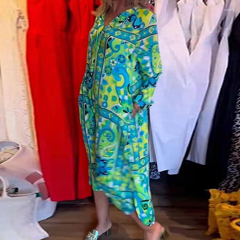 

Casual Dresses 2023 Summer V-neck Commuter Shirt Dress Vintage Green Print Long Sleeve Bohemian Women Chiffon Loose Beach Vestidos, 01 green