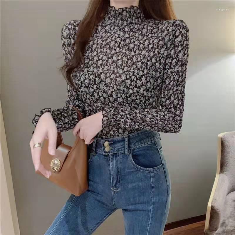

Women's T Shirts Ladies' Retro T-shirt Tops Fashion Pleated Long-sleeved Floral Chiffon Shirt Autumn French Style High-Neck Bottoming, Black