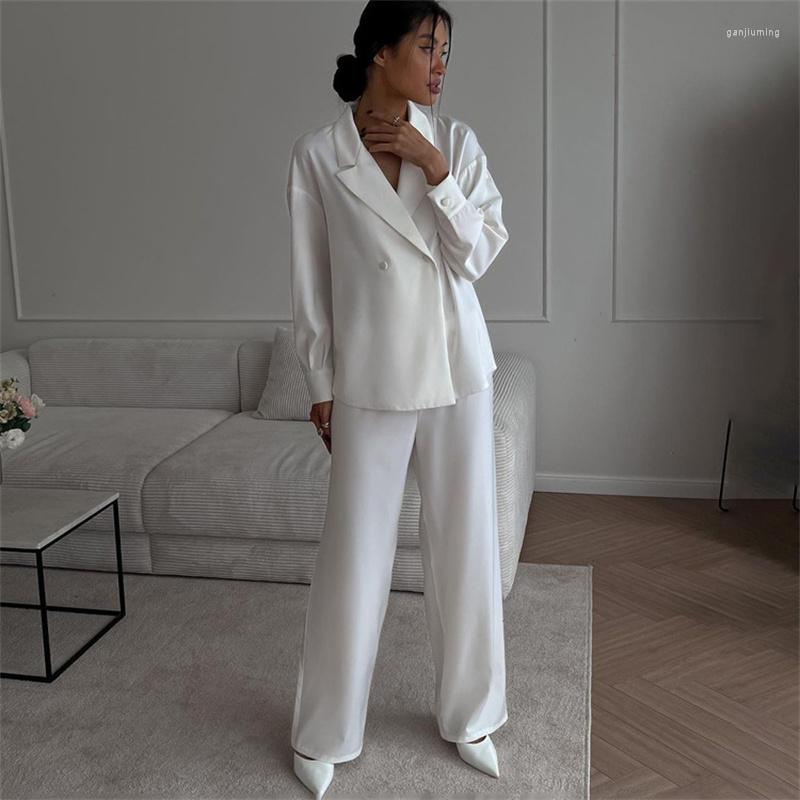 

Women' Two Piece Pants 2023 Elegant Long Sleeve Blazer Women Sets Fashion Office High Waist Set Lady Casual Loose Satin Wide Trouser Suits, Green