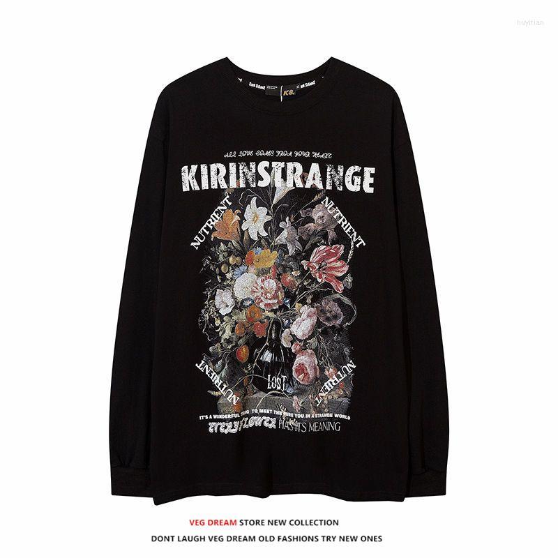 

Men' T Shirts American High Street Vintage Floral Print Long-sleeved T-shirt Men And Women Hip-hop Couples Tops, Black
