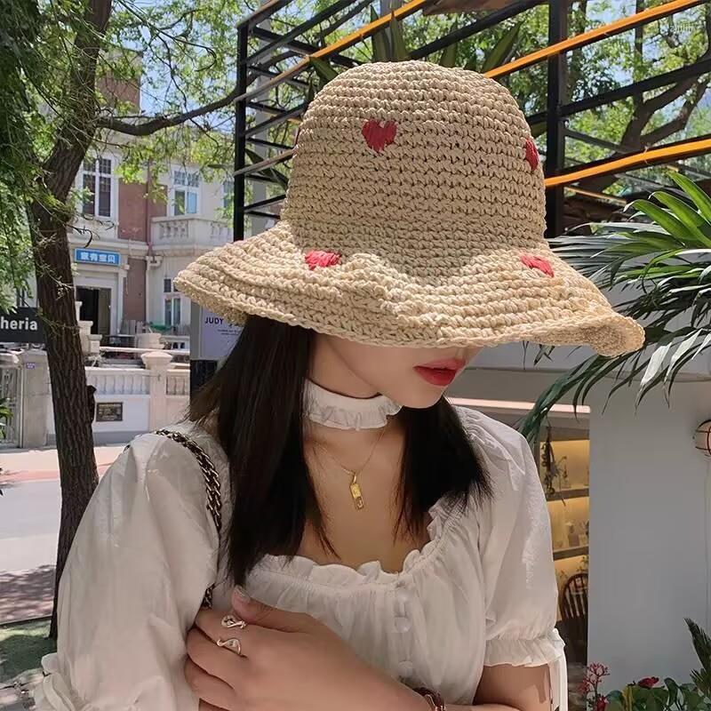 

Wide Brim Hats Women Visor Hat Heart Embroidery Breathable Lightweight Foldable Crochet Straw Caps Summer Beach Sun, Khaki