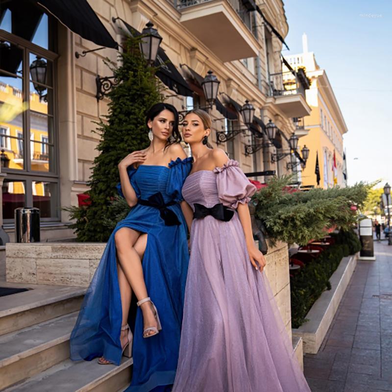 

Party Dresses Lilac Blue Prom Off The Shoulder Puff Sleeves Tulle Front Split Arabic Evening Gown Gowns 2023 Customize, Ivory