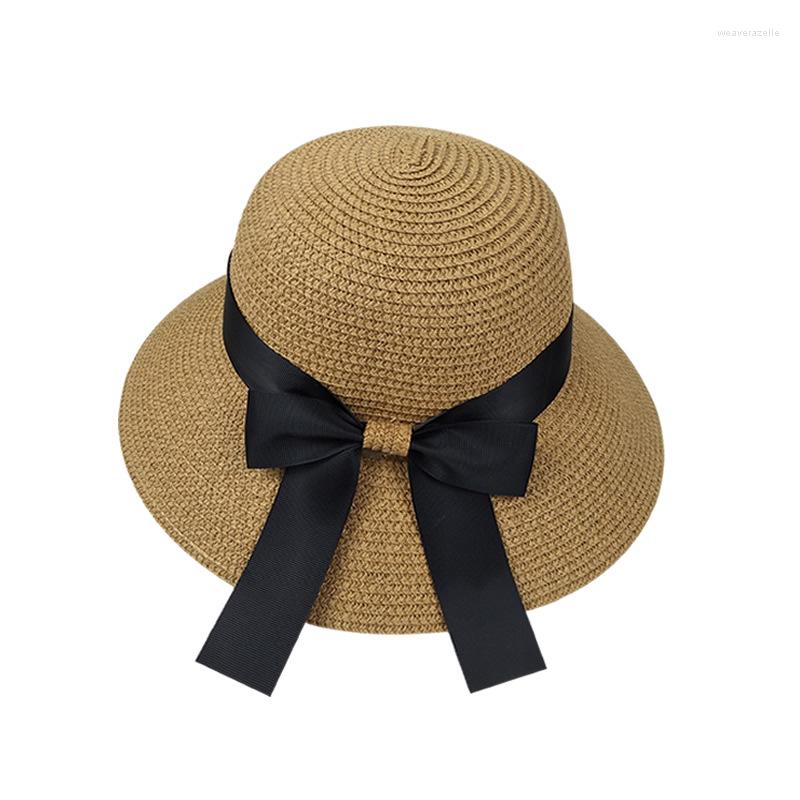 

Wide Brim Hats 2023 Mother Kids Straw Hat Baby Girl Big Bow Beach Cap Summer Sun Adult Women Bucket Panama Caps, Pink ribbon children