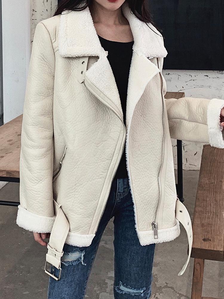 

Jackets Ailegogo New Women Lamb Fur Faux Leather Jacket Coat Turn Down Collar Winter Thick Warm Zipper With Belt Outerwear, Beige