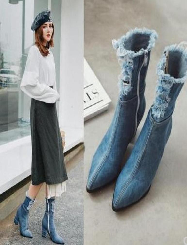 

New Arrival Specials Super Fashion Influx Custom Knight Female Pointed Student Snow Stretch Denim Velvet Heels Ankle Boot8535992, Sky blue