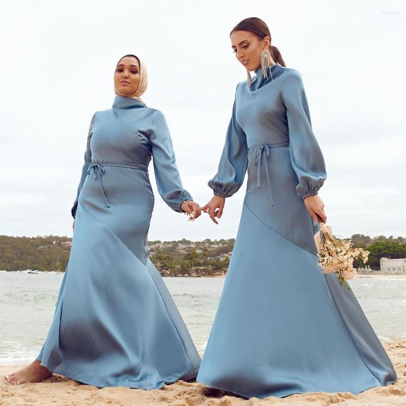

Ethnic Clothing Elegant Satin Dress Woman Long Sleeves Fashion Muslim Abaya Maxi Solid Evening Party Dresses