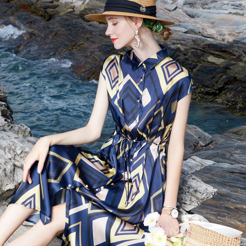

Casual Dresses High-end High-quality Imitation Mulberry Silk Long Dress Women's Summer Fashion Elegant Shirt Skirt Beach, Blue