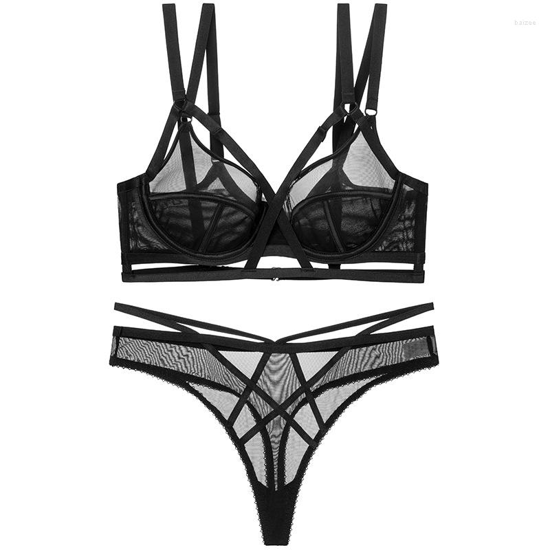 

Bras Sets Ultra-Thin Full Transparent Lingerie For Women Underwear Sexy Multi-Strap Cross Lace Bra Set French Black Brassiere And T-back