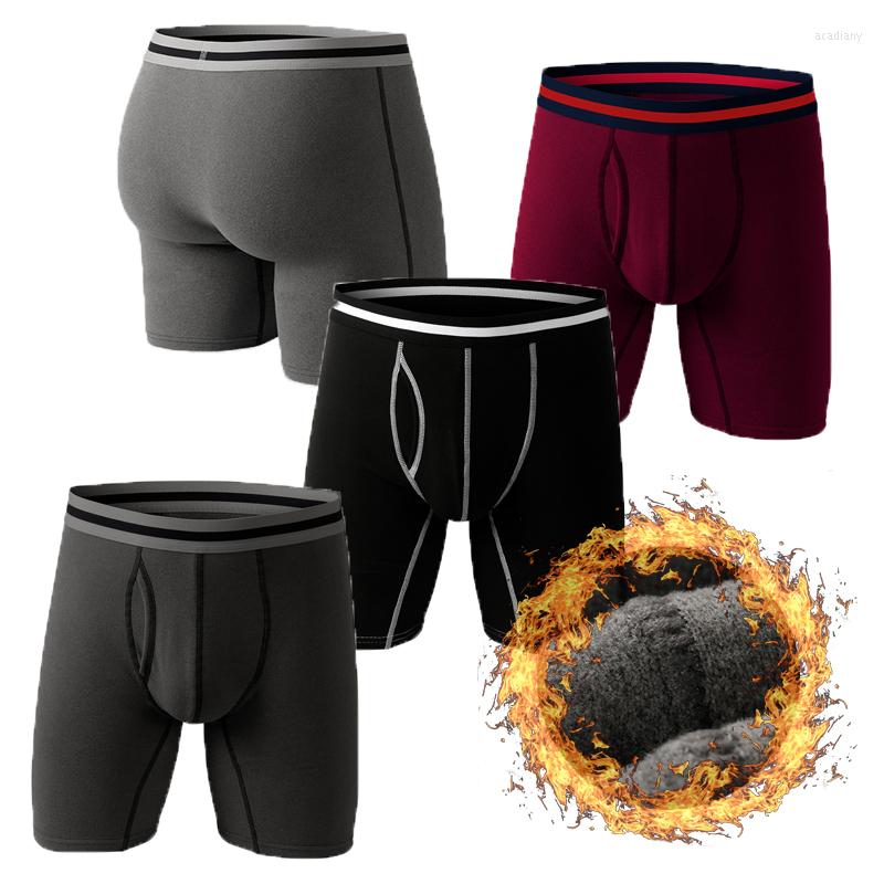 

Underpants 4 Pack Winter Fleece Mens Underwear Long Leg Boxer Briefs No-Ride-up For Men Open Soft Breathable Thermal Underwears Trunks, Black