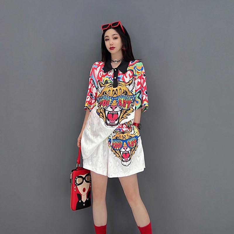 

Dress WOMEN SUMMER DIAMOND TIGER PATTERN 2 PIECE SET LOOSE RHINESTONS SHORT SLEEVE T SHIRT AND ELASTIC WAIST SHORTS FOR WOMEN, Beige
