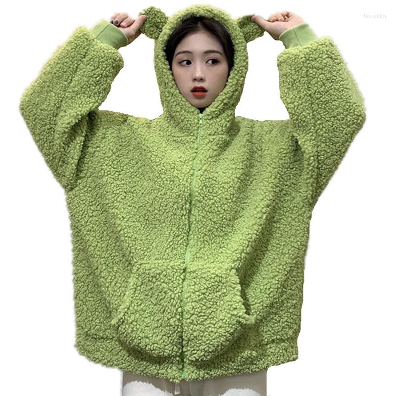 

Women's Hoodies Autumn Winter Women Avocado Color Zip-up Sweatshirt Kawaii Fleece Faux Fur Long Sleeve Hooded Teddy Bear Ears Soft, Green