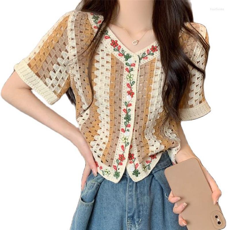 

Women's Blouses Sweet Crochet Knitted Summer Style Top Shirts Fashion 2023 Vintage Clothes For Women Female Clothing Harajuku, Khaki
