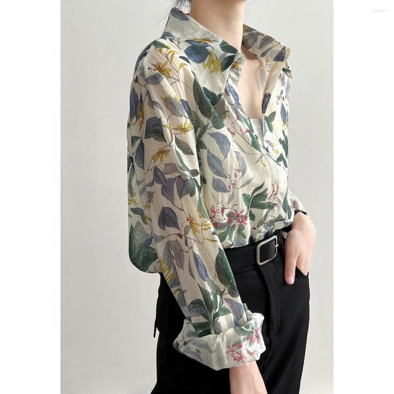 

Women's Blouses Hong Kong Style Retro Long-sleeved Shirt Women 2023 Spring And Summer Lapel Elegant Loose Top Breathable Printed, Printing