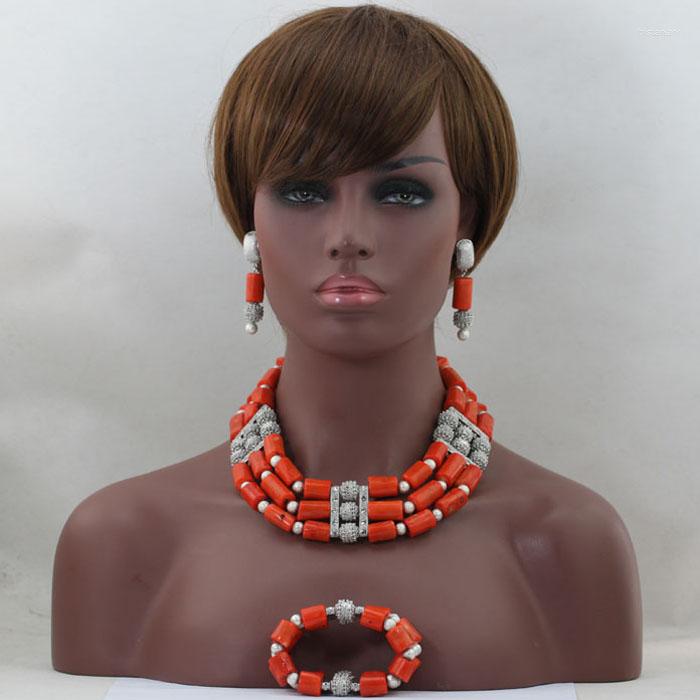 

Necklace Earrings Set Trendy Coral Beads Bridal African Nigerian Wedding For Women Jewelry Choker ABL465, Picture shown