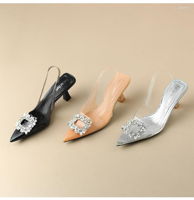 

Sandals Fashion Women Casual Thin High Heels Shoes Woman Solid Slip On Metal Buckle Bling Pointed Toe Sandalias De Mujer, Black