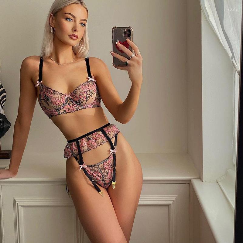 

Bras Sets Comeondear Sexy Bra And Panties Set Plus Size Bilizna Embroidered Mesh Ensemble Lingerie Underwire Garter Thong, Pink