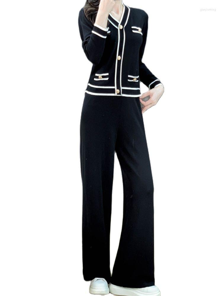 

Women' Two Piece Pants High Quality Knitted Two-Piece Color Contrast Cardigan Wide Leg Trousers Set 2023 Autumn Fashion Clothing, Black