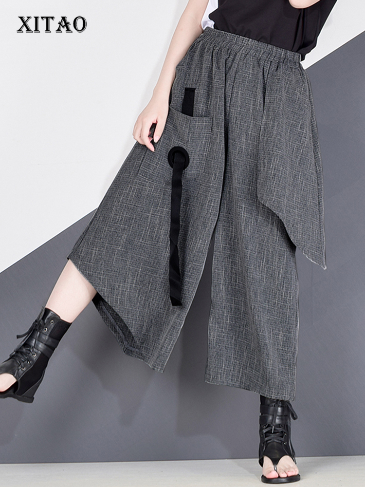 

Women's Pants s XITAO High Waist Patchwork Hit Color Pant Clothes Summer Autumn Fashion Elastic Casual Wide Leg XJ19 230419, Gray xj4619