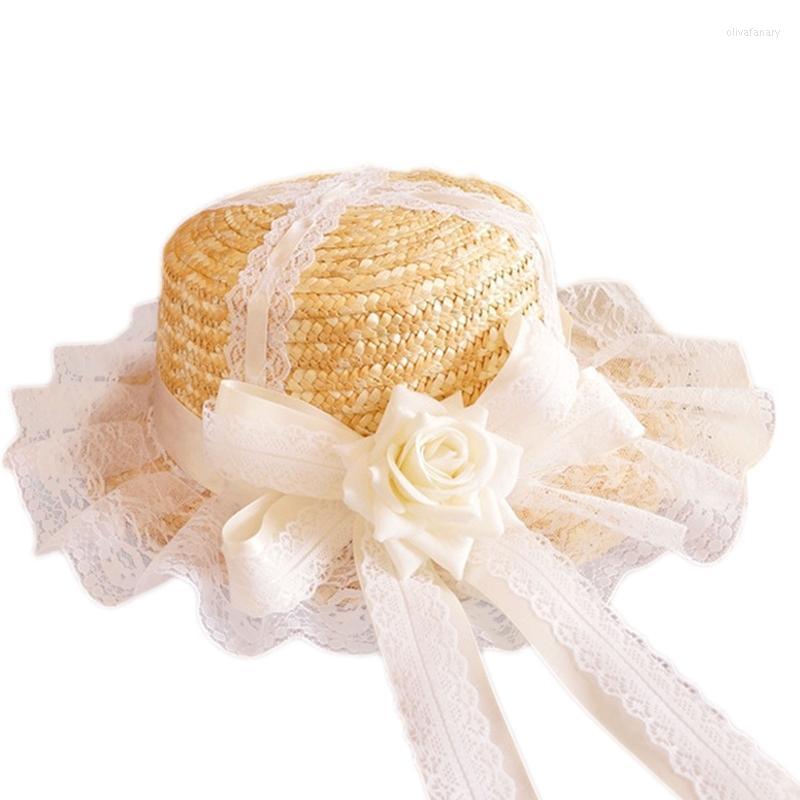

Wide Brim Hats Women Sun Hat Lolita Tea Party Flower Flat Outdoor Adjustable RibbonWide Oliv22, White rose rose stra