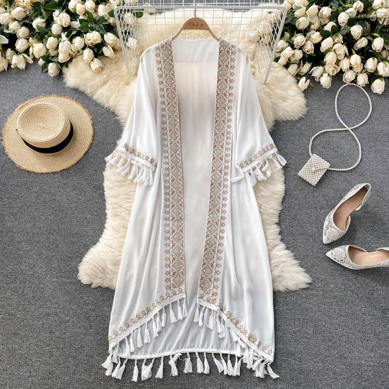 

Women's Swimwear Sexy Bohemia Tassel Embroidery Sheer Loose Beach Cover Up Long Cover-ups Vacation Dress Wear Beachwear Female Women, White