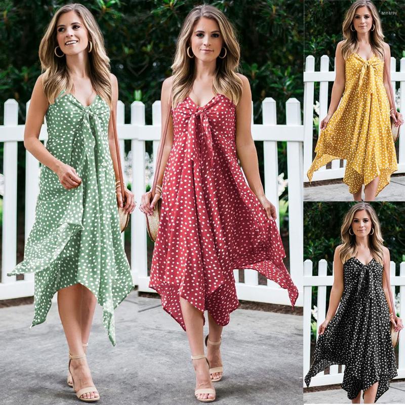 

Casual Dresses European And American Women's Clothing Spring Summer Wave Dot Print Suspender Skirt Sexy Irregular Large Swing Dress, Black