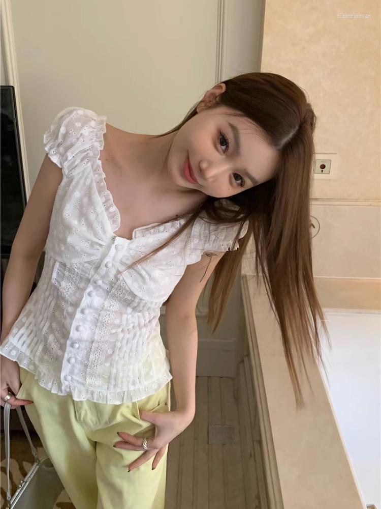 

Women's Blouses Korobov Gentle Puff Sleeve Hollow Out Lace Shirts French Edge Of V Neck White Y2k Tops Korean Fashion Camisas