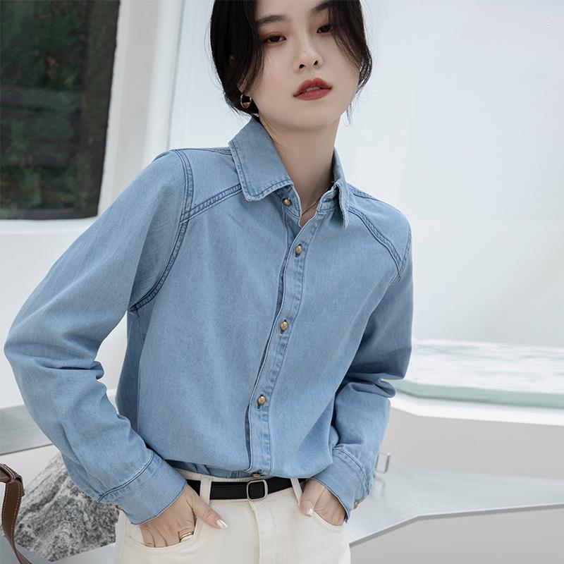 

Women' Blouses Vintage Women Fashion Blue Denim Shirts Girls Autumn Casual Long Sleeve Solid Cotton Blend Tops