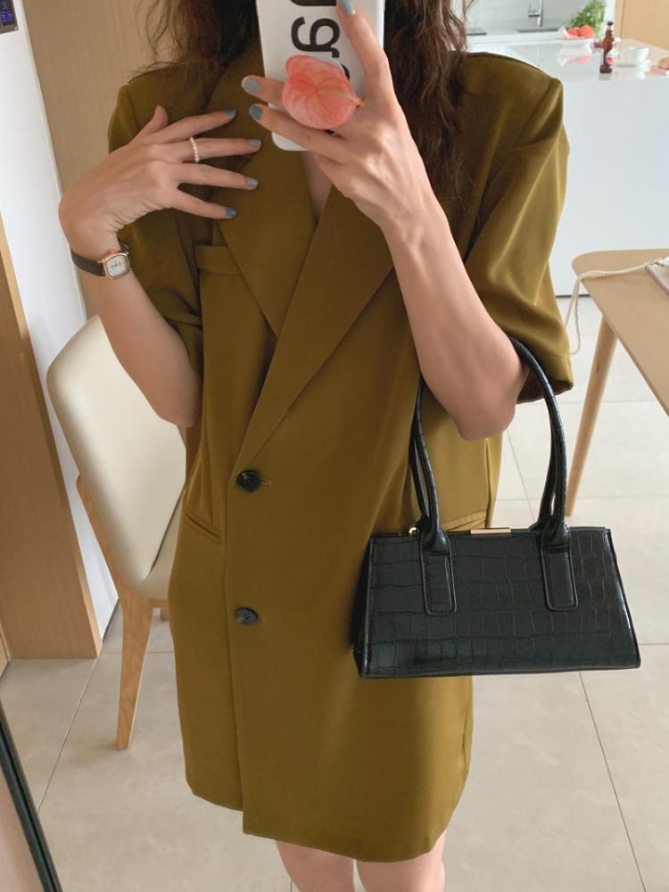 

Pants Korean Chic Summer Long Blazer Ladies New Simple Niche Temperament Collar Loose Two Button Short Sleeve Suit Dress Women Jackets, Black